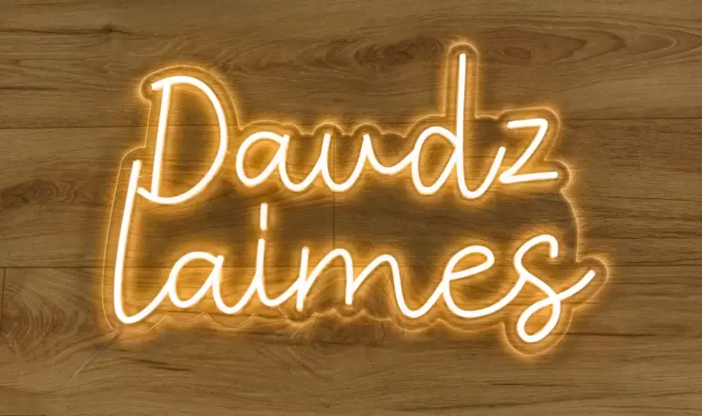 Daudz Laimes - Silti balts LED neona uzraksts dzimšanas dienām un ballītēm, izmērs 64 x 42 cm.
