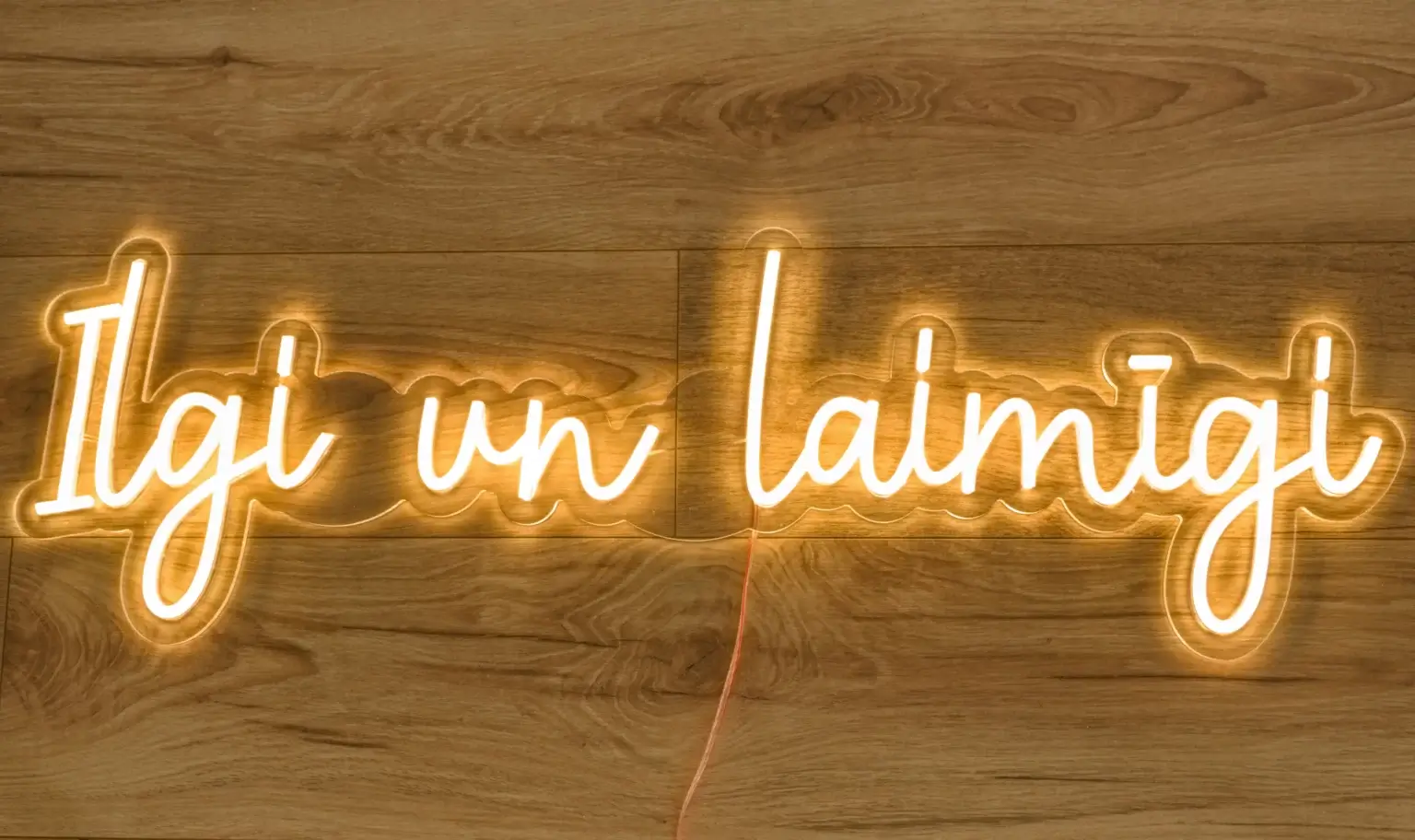 LED neona uzraksts Ilgi un laimīgi siltā baltā gaismā