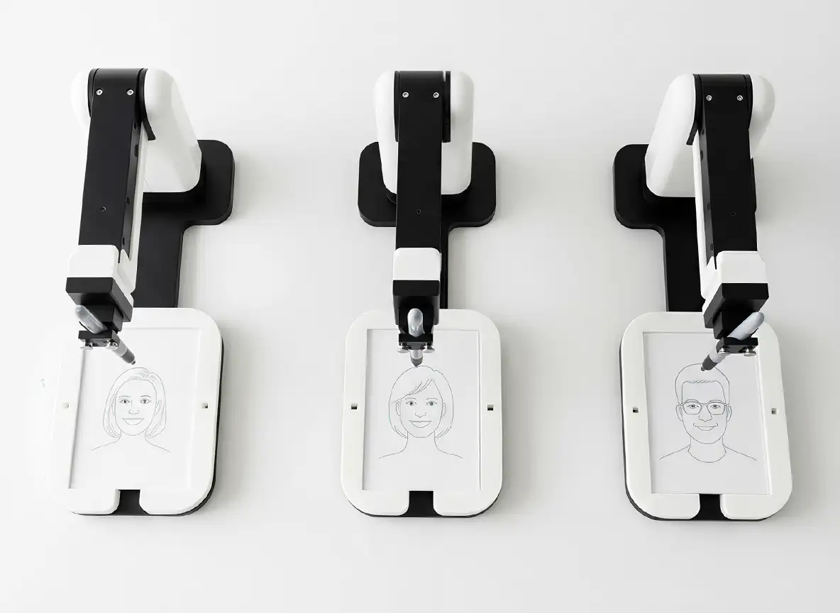 Trīs robota rokas vienlaikus zīmē portretus uz baltām kartītēm